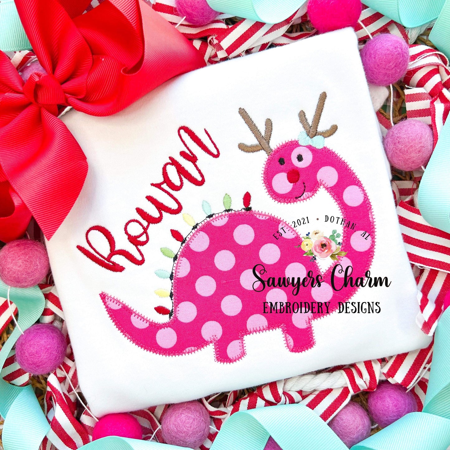 BUNDLE Christmas lights reindeer antlers dinosaur with and without bow zigzag machine applique design embroidery file