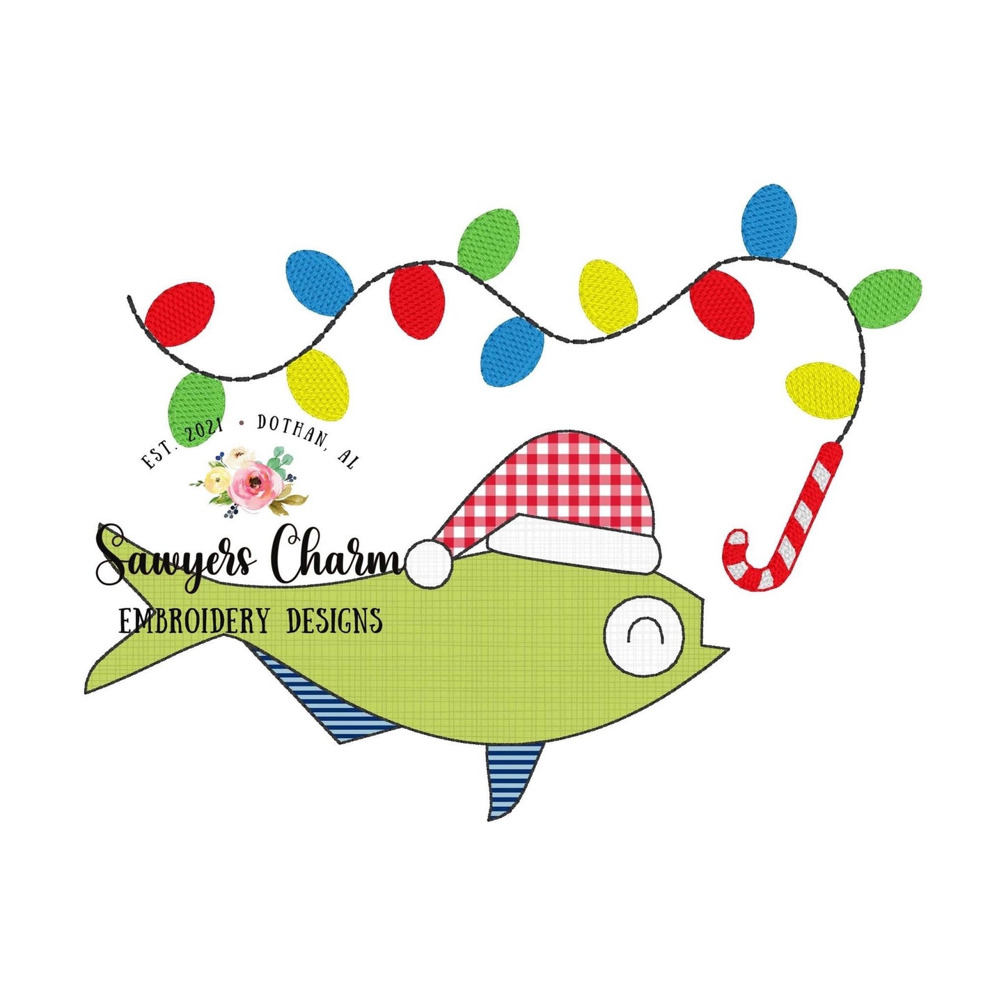 Christmas Santa fish bean stitch machine applique design file, fishing pole, sketch stitch Christmas lights, candy cane, holiday season
