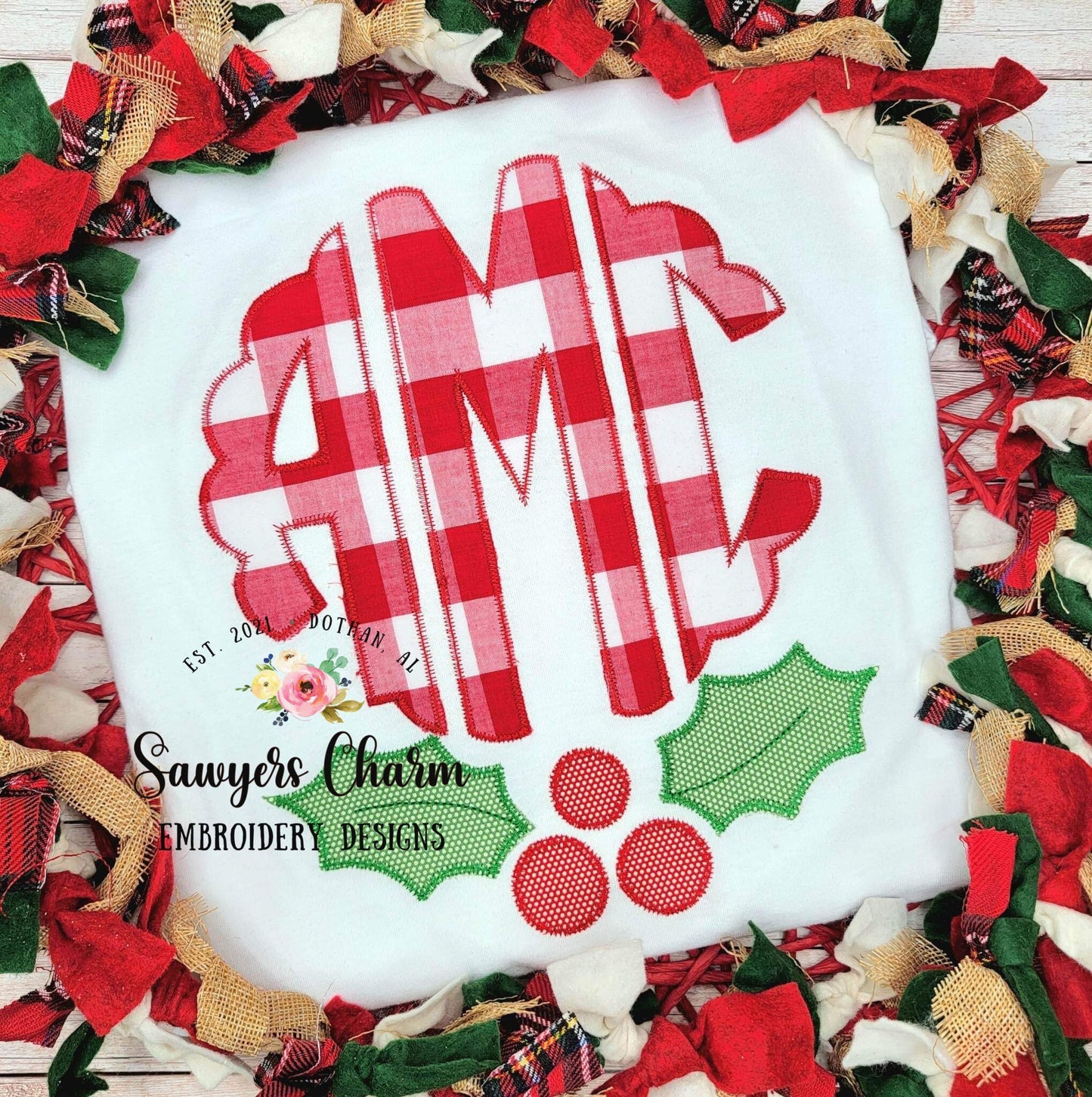 BUNDLE Holly berry bean stitch & zig zag machine applique embroidery design file, quick stitch, Christmas, happy holidays, monogram frame