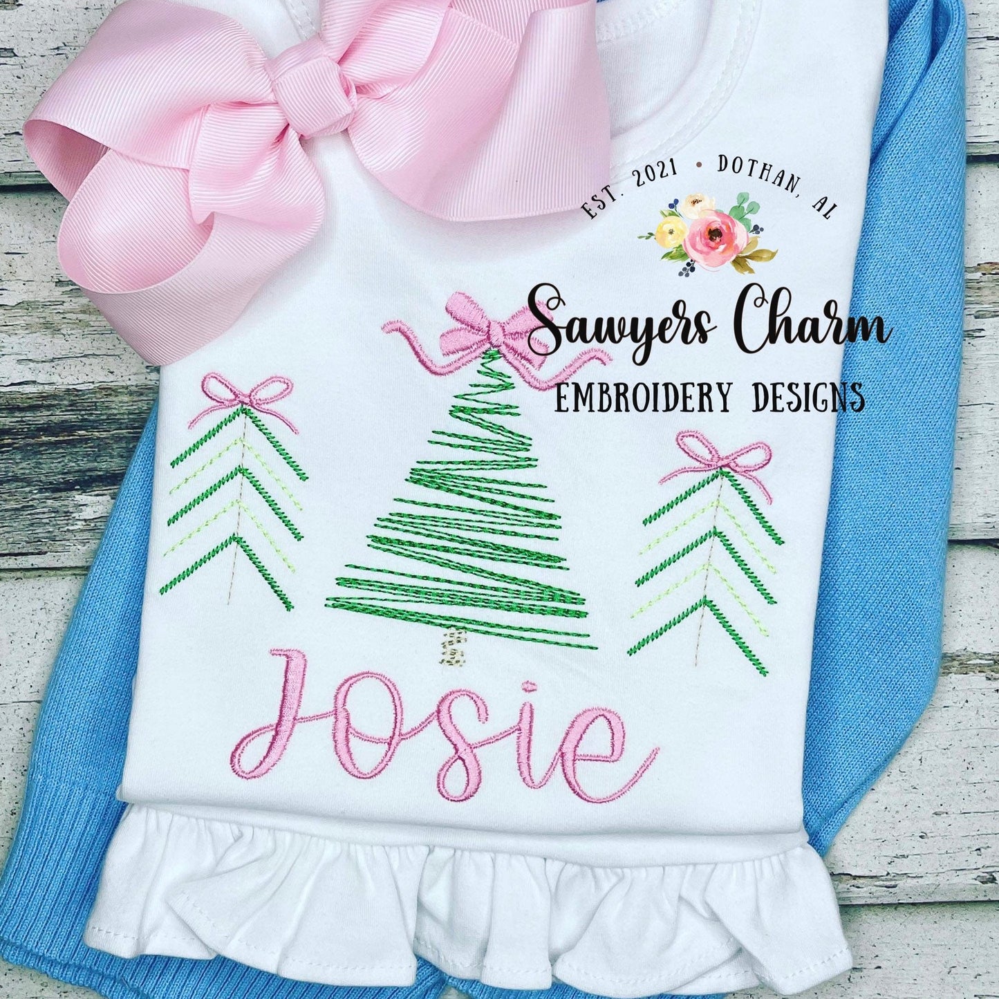 BUNDLE Christmas trees with bows & star vintage bean stitch sketch machine embroidery design file, quick stitch, holidays, font not included