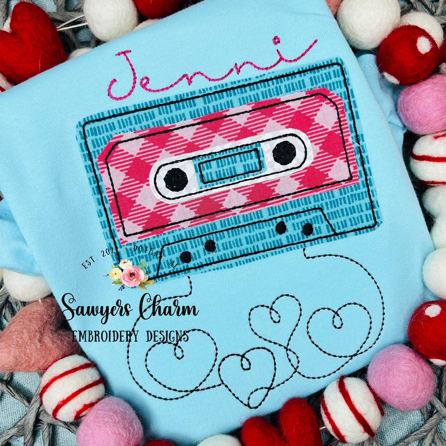Valentine's Day heart cassette tape bean stitch machine applique embroidery design file, love, retro vintage, music, 80's, rock and roll