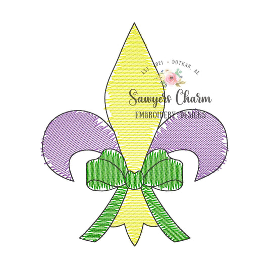 Mardi gras fleur de lis "watercolor" sketch stitch machine embroidery design with coquette bow