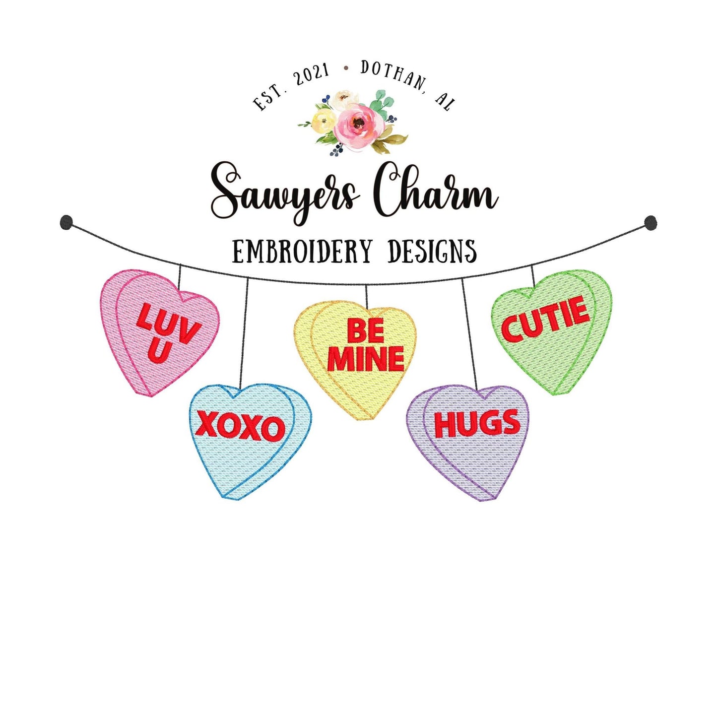 Valentine's Day conversation candy hearts bunting banner sketch stitch machine embroidery design file, quick stitch, bean stitch, love