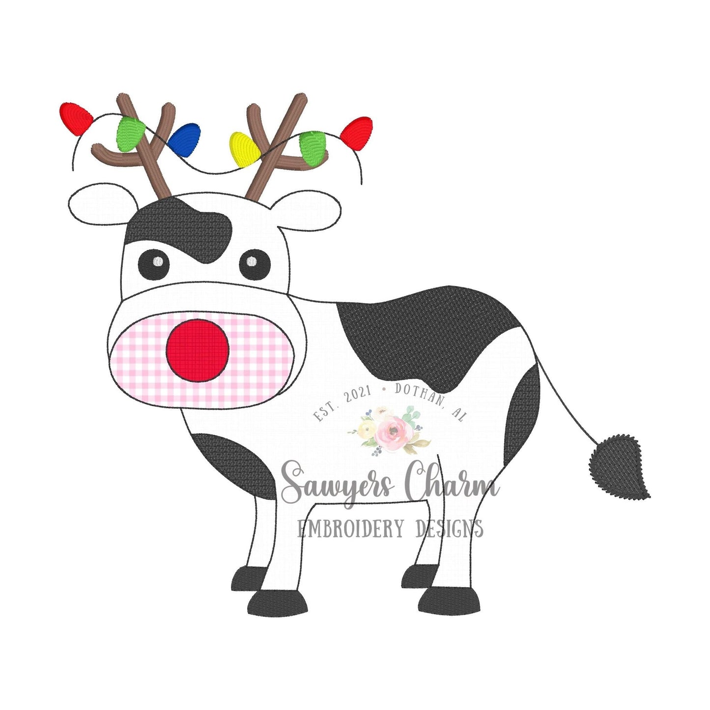 Christmas cow Rudolph nose/antlers with lights bean stitch applique, machine embroidery design file, quick stitch, holidays, jolly, ho ho ho