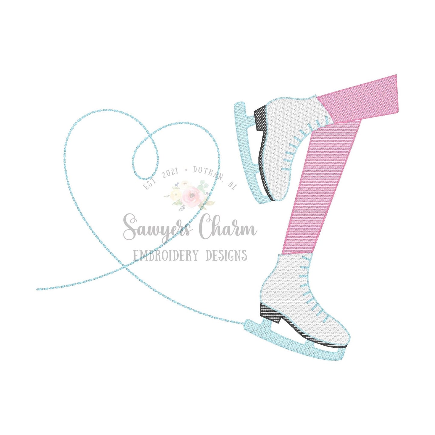 Ice skating sketch stitch machine embroidery design file, bean stitch, quick stitch, winter wonderland, heart, love, ice skates, snowing