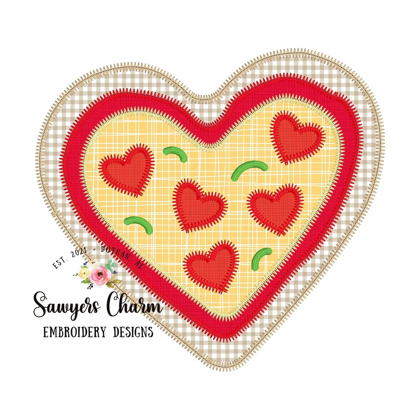 BUNDLE Valentine's Day heart pizza zigzag & bean stitch applique machine embroidery design file, quick stitch, love, XOXO, pepperoni