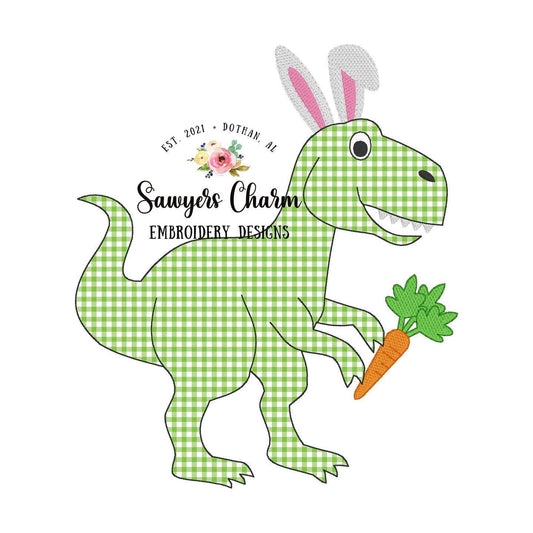 Easter bunny ears T-Rex bean stitch applique, with carrot machine embroidery design file, quick stitch, tyrannosaurus rex dinosaur dino