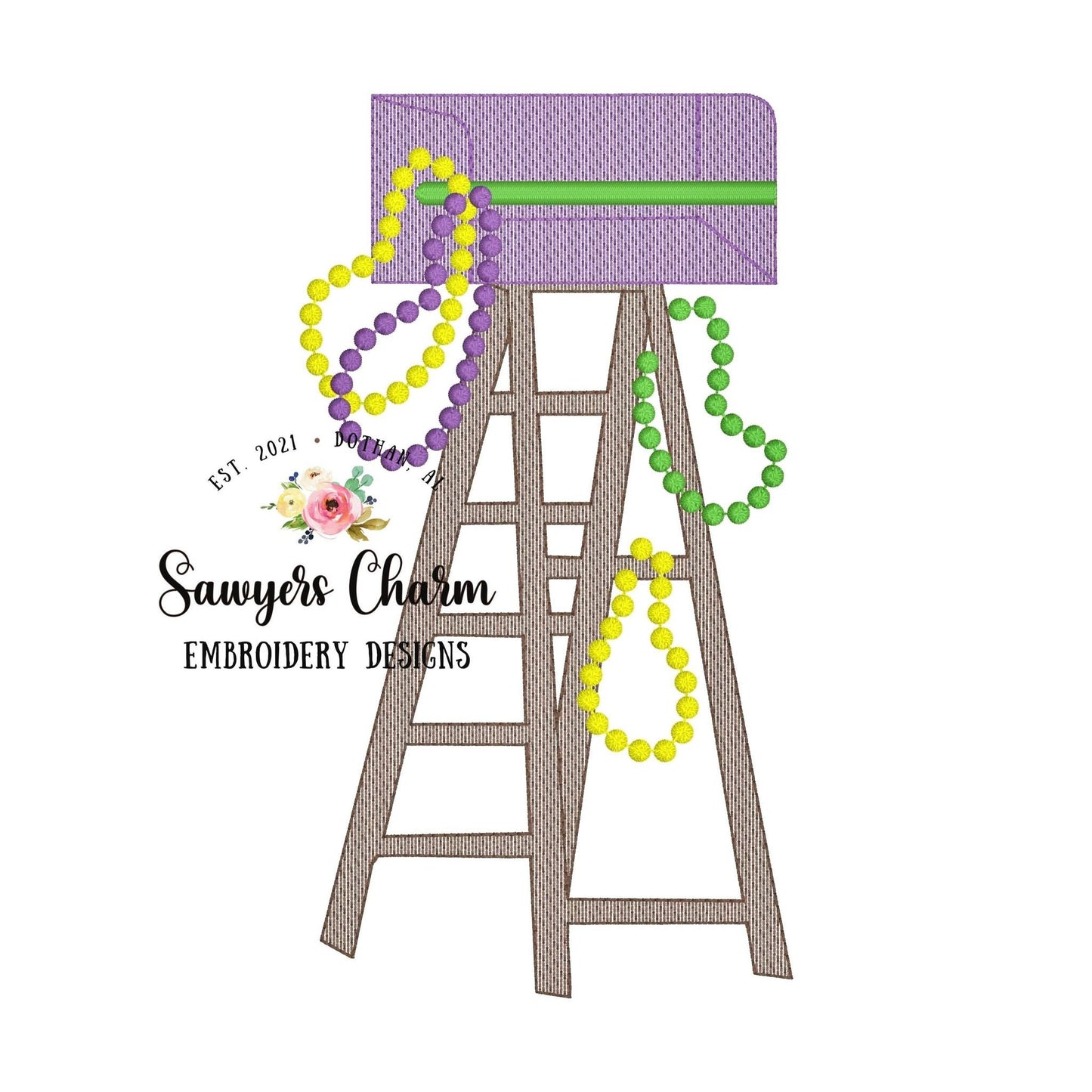 Mardi Gras ladder with beads sketch stitch machine embroidery design file, quick stitch, bean stitch, jester, good times roll, party