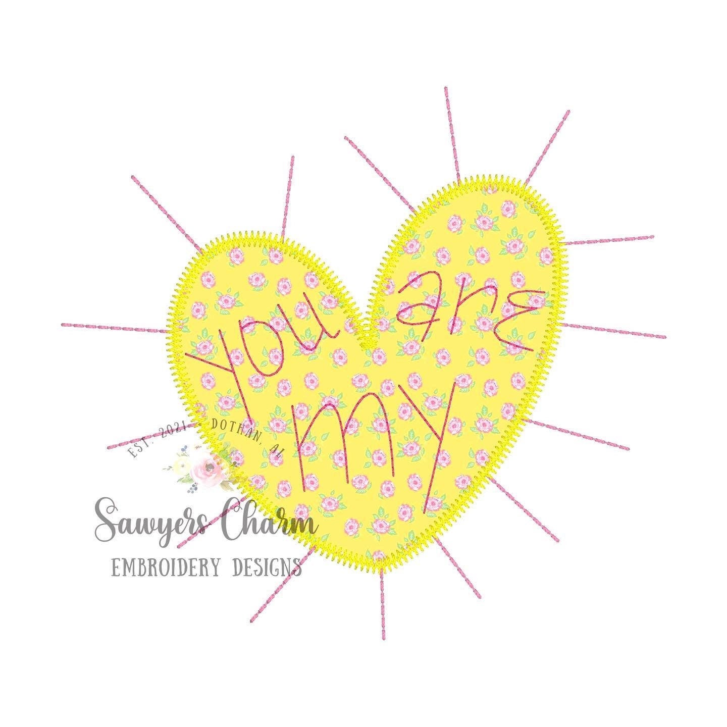 BUNDLE You are my Sunshine heart bean stitch & zig zag applique machine embroidery design file, quick stitch, summer, spring, love