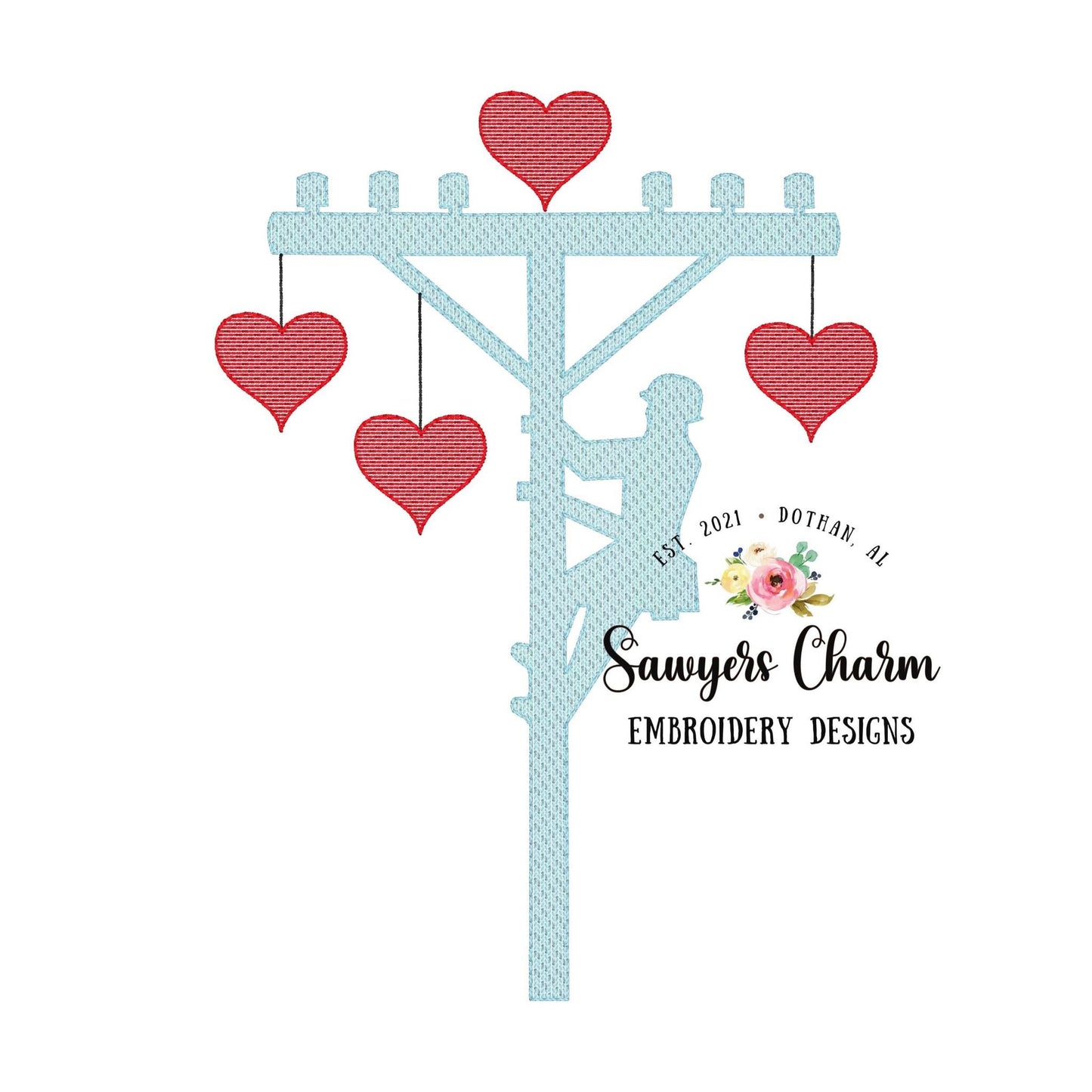 Valentine lineman hearts sketch stitch machine embroidery design file, quick stitch, bean stitch, love, XOXO, bucket truck, construction