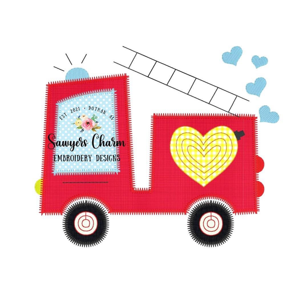 BUNDLE Valentine's Day Firetruck with hearts, zigzag & bean stitch machine applique embroidery design file, quick stitch, love XOXO , hose