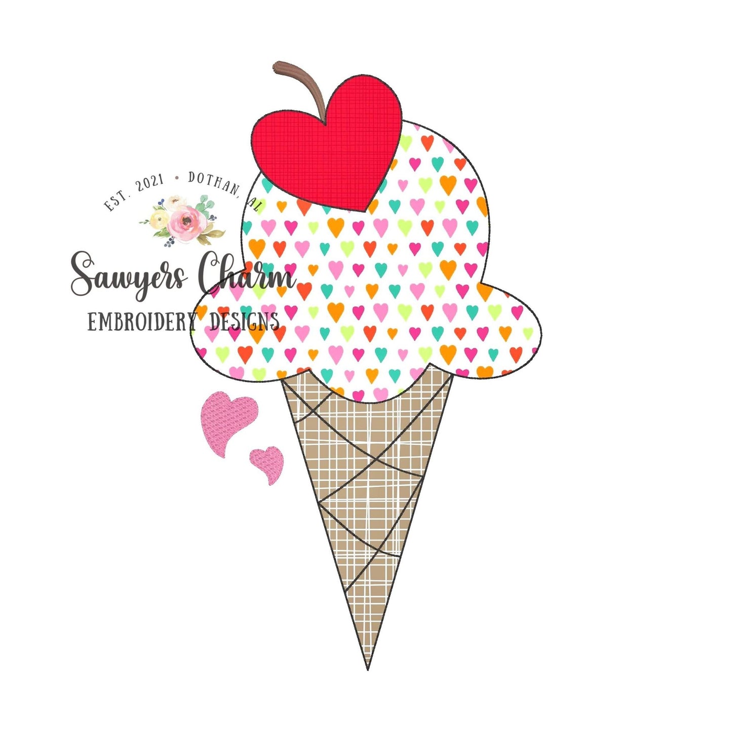 BUNDLE Ice cream cone with heart cherry bean & zigzag stitch machine applique embroidery design file, love sprinkles Valentine's Day Be mine