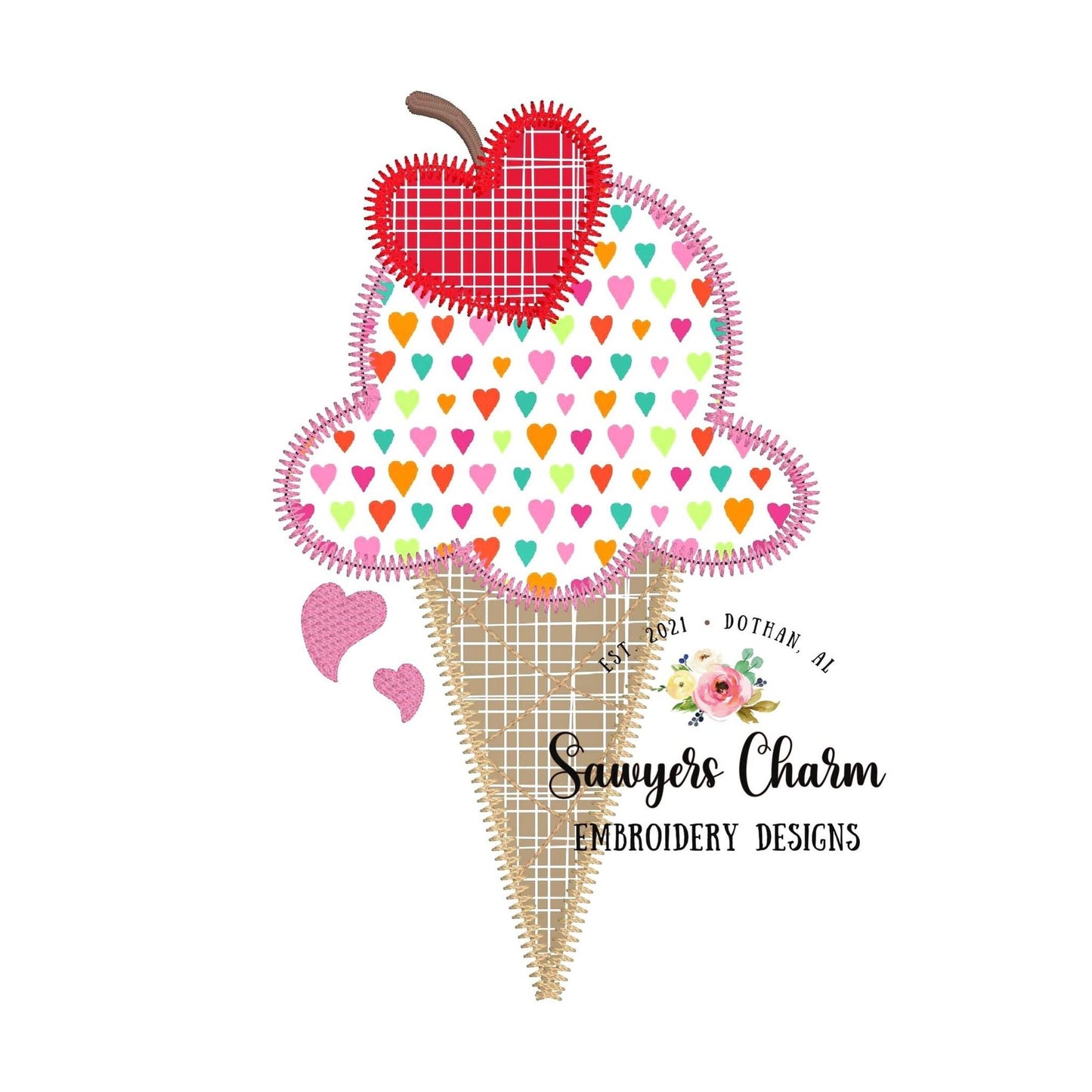 BUNDLE Ice cream cone with heart cherry bean & zigzag stitch machine applique embroidery design file, love sprinkles Valentine's Day Be mine
