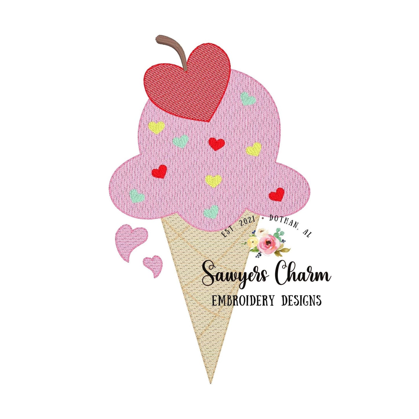 Ice cream cone with heart cherry & sprinkles, sketch stitch machine embroidery design file, love, chocolate snacks Valentine's Day Be mine