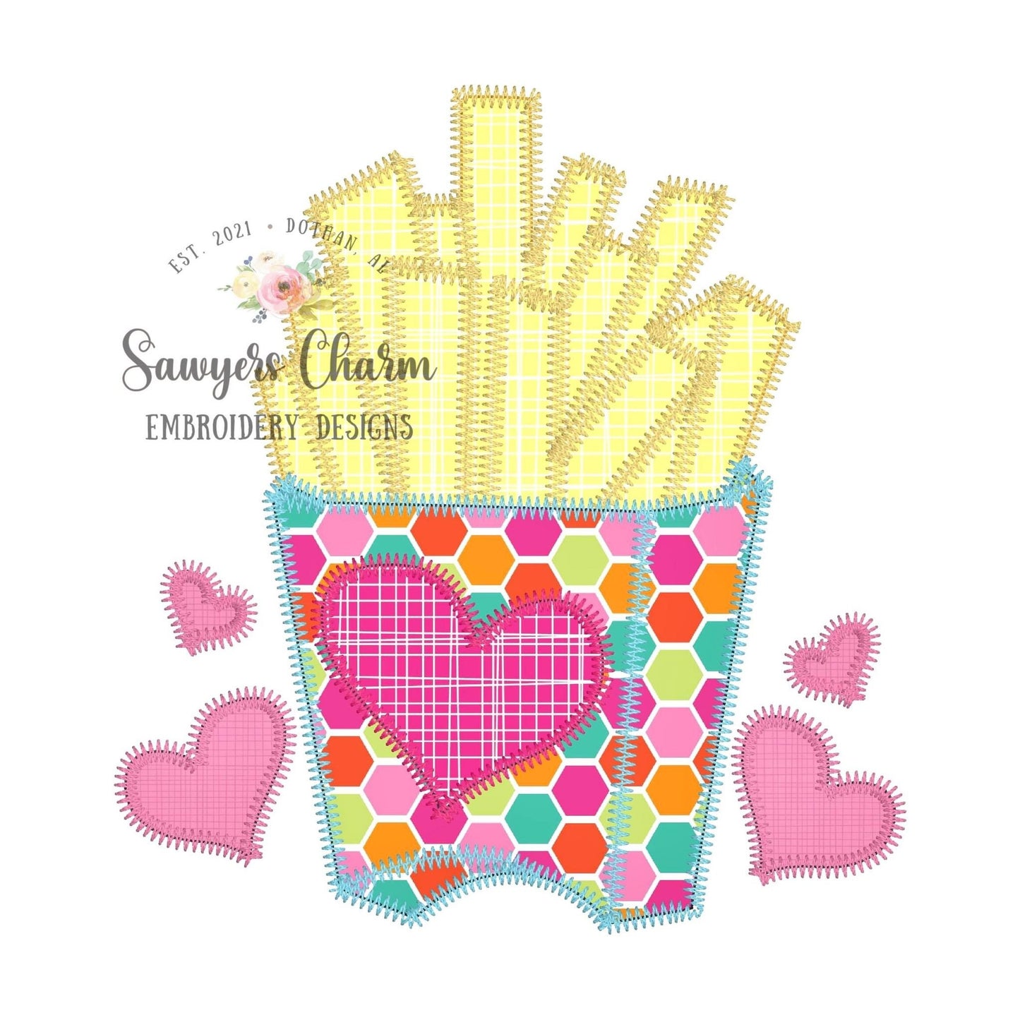 BUNDLE Valentine's Day french fries zigzag & bean stitch applique machine embroidery design file, quick stitch, love XOXO, fast food be mine