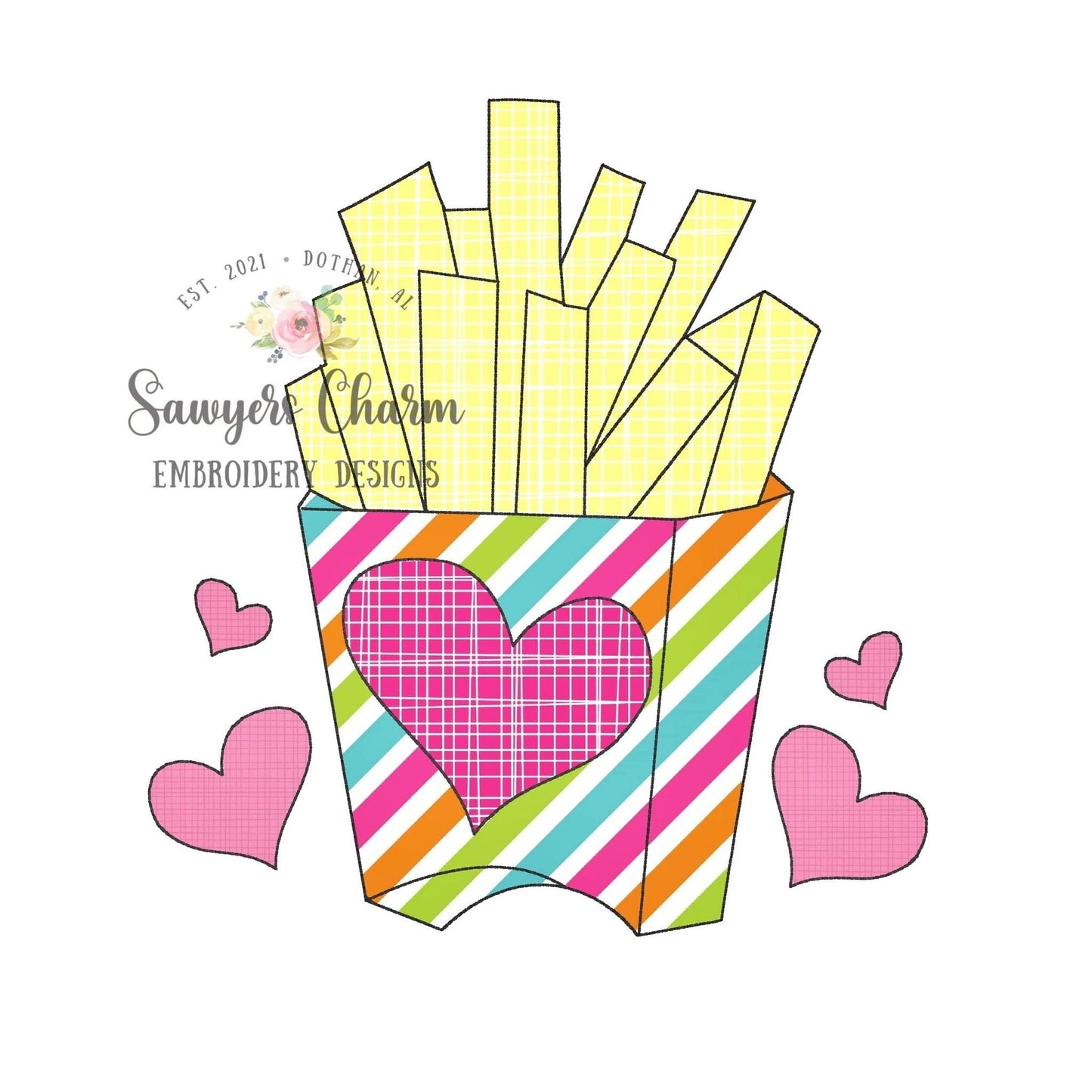 BUNDLE Valentine's Day french fries zigzag & bean stitch applique machine embroidery design file, quick stitch, love XOXO, fast food be mine