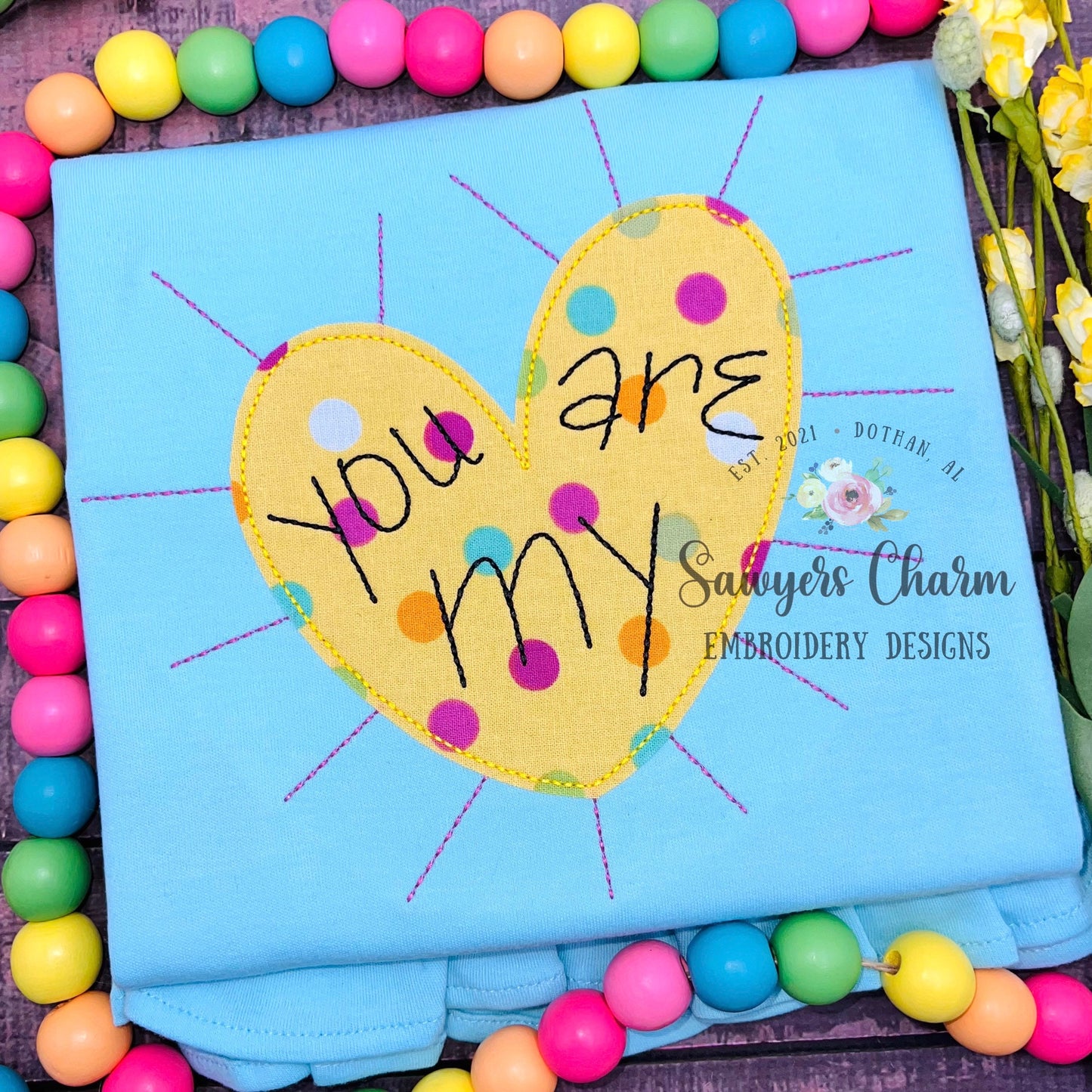 BUNDLE You are my Sunshine heart bean stitch & zig zag applique machine embroidery design file, quick stitch, summer, spring, love