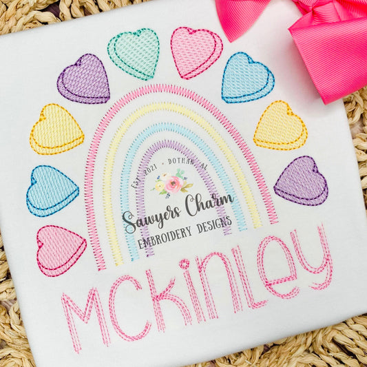 Valentine's Day conversation candy hearts rainbow sketch stitch machine embroidery design file, quick stitch, bean stitch, love, XOXO