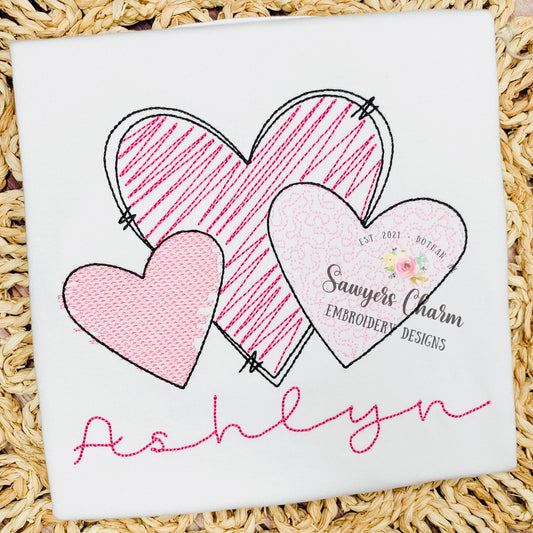 Scribble hearts trio sketch stitch, machine embroidery design file, winter, Valentine's Day, love, hugs and kisses, quick stitch
