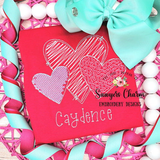 Scribble hearts trio sketch stitch, machine embroidery design file, winter, Valentine's Day, love, hugs and kisses, quick stitch
