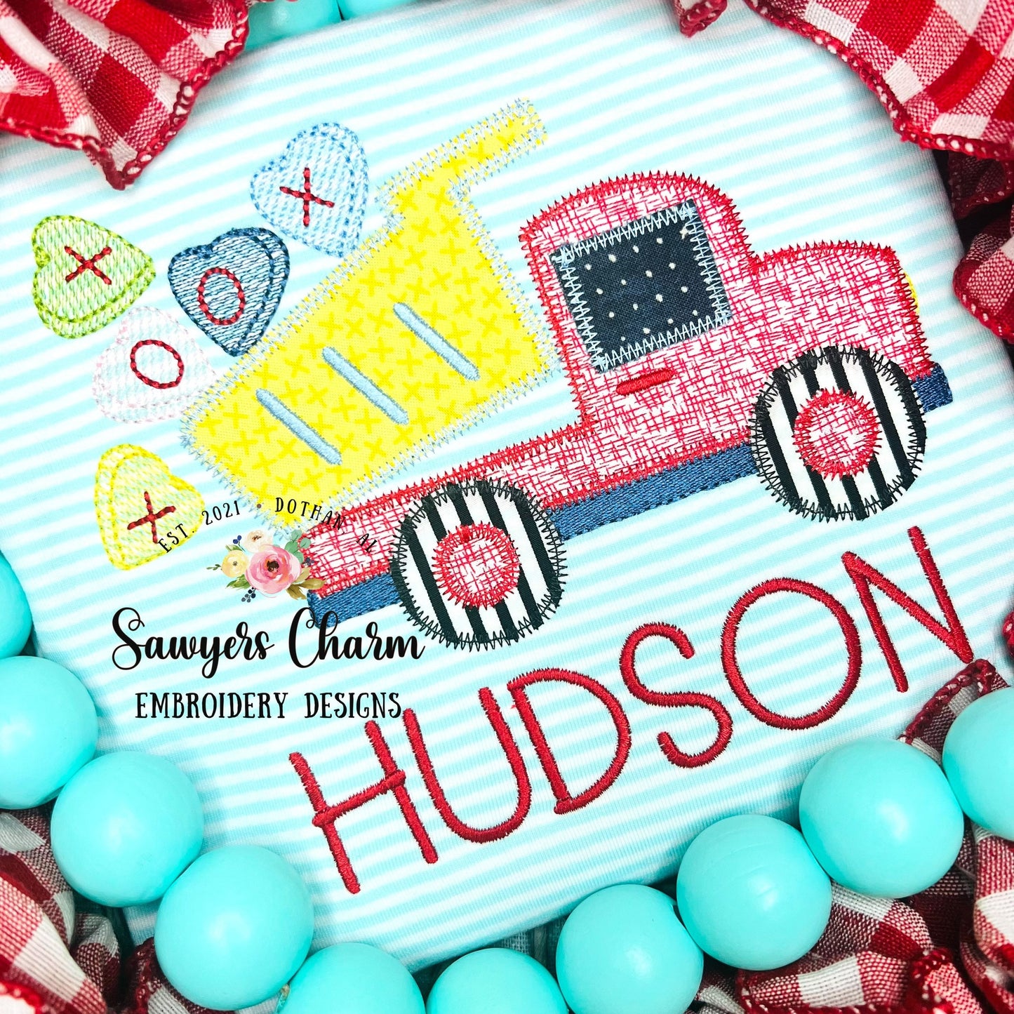 Conversation candy hearts dump truck zigzag stitch machine applique embroidery design file, Valentine's Day, love, transportation vehicle