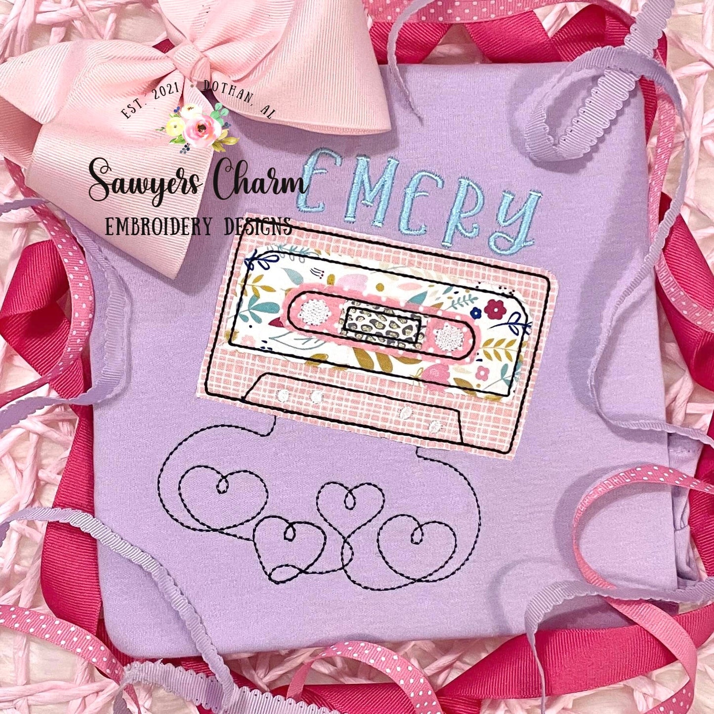Valentine's Day heart cassette tape bean stitch machine applique embroidery design file, love, retro vintage, music, 80's, rock and roll