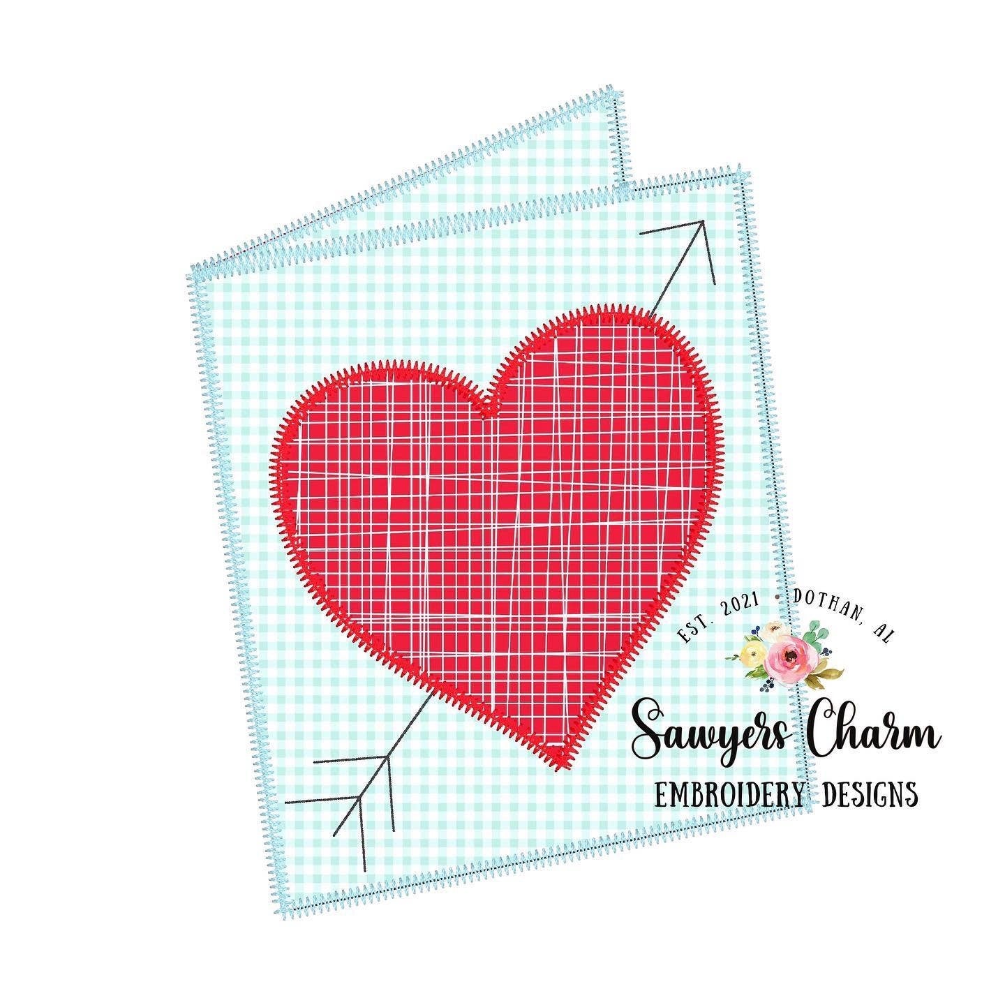 BUNDLE Valentine's Day card with scalloped heart & heart with arrow zigzag stitch machine applique embroidery design file quick stitch, love