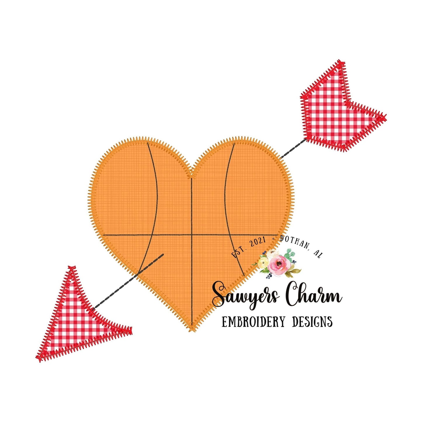 Basketball sports ball heart with arrow, zigzag applique machine embroidery design file, Valentine's Day, love, cupid, XOXO