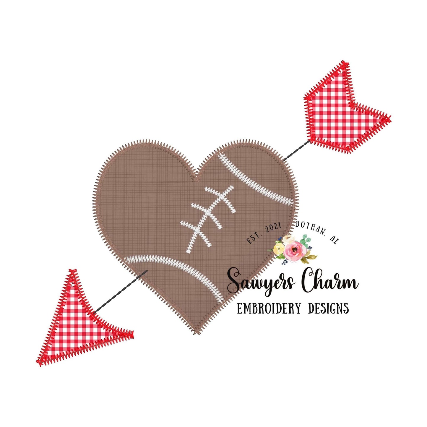 Football sports ball heart with arrow, zigzag applique machine embroidery design file, Valentine's Day, love, cupid, XOXO