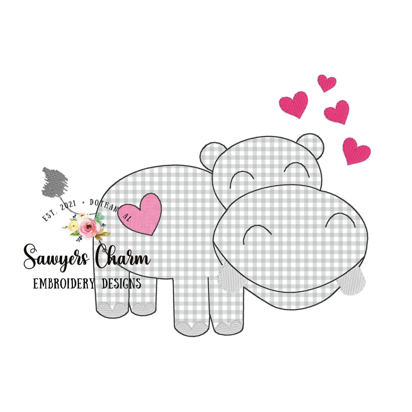 Valentine's Day hippo with hearts bean stitch applique, machine embroidery design file, quick stitch, love be mine XOXO sketch stitch hearts