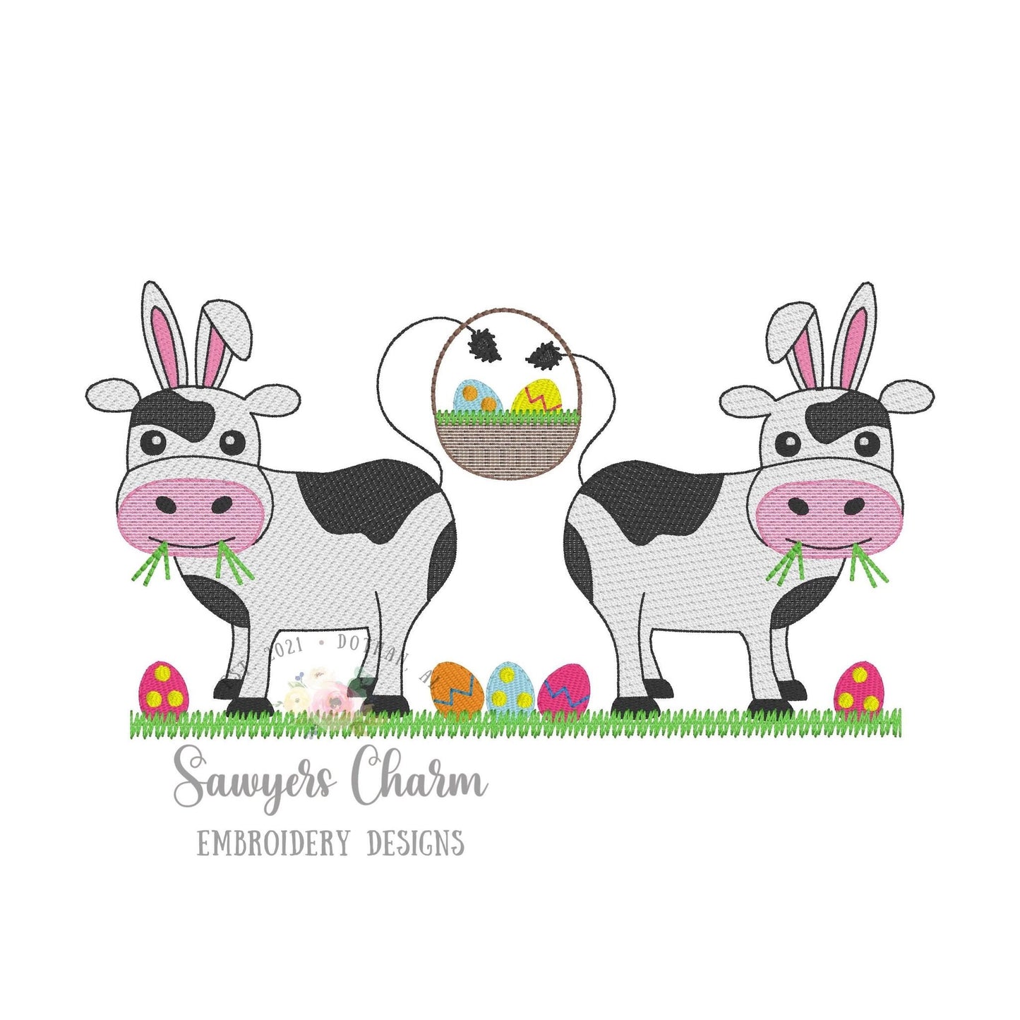 Easter bunny Cows with eggs & basket sketch stitch machine embroidery design file, quick stitch, bean stitch, love, farm animals, egg hunt