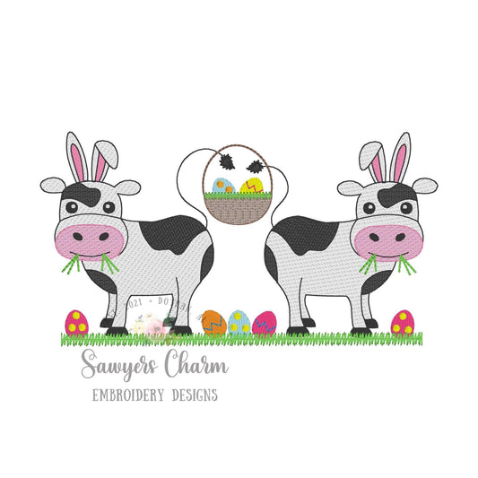 Easter bunny Cows with eggs & basket sketch stitch machine embroidery design file, quick stitch, bean stitch, love, farm animals, egg hunt