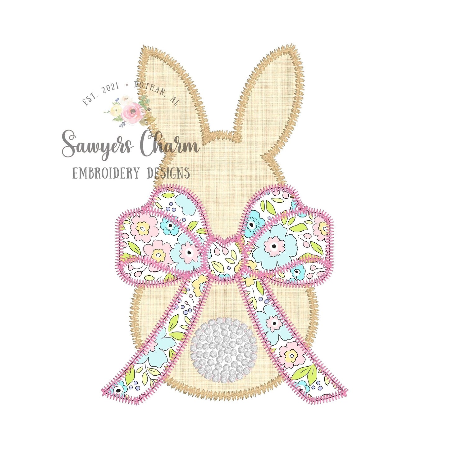 BUNDLE Easter bunny with bow bean & zigzag stitch applique, machine embroidery design file, quick stitch, french knot tail, peter cottontail