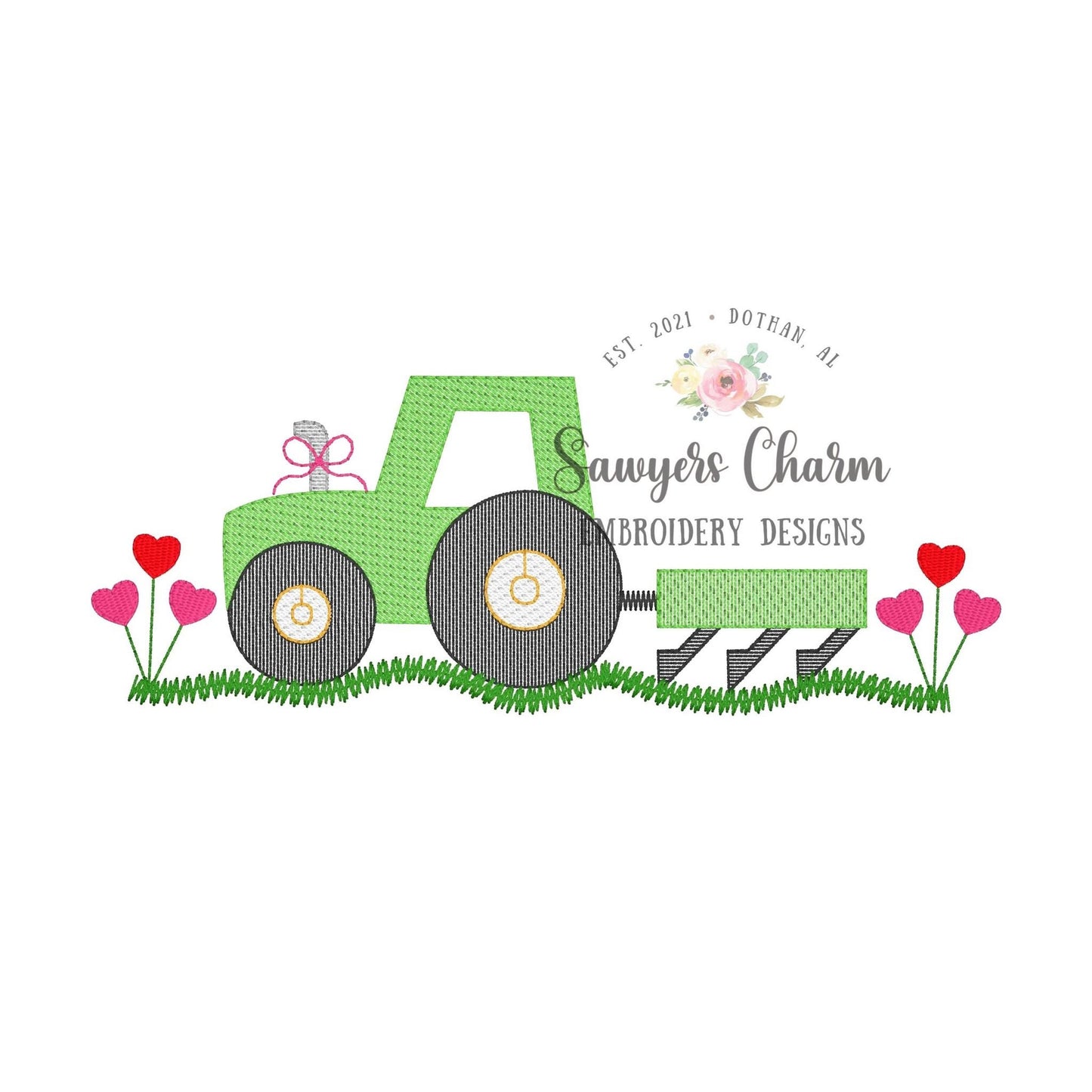 BUNDLE Tractor heart flowers with & without bow sketch stitch machine embroidery design file, bean stitch, farming plow, love XOXO be mine