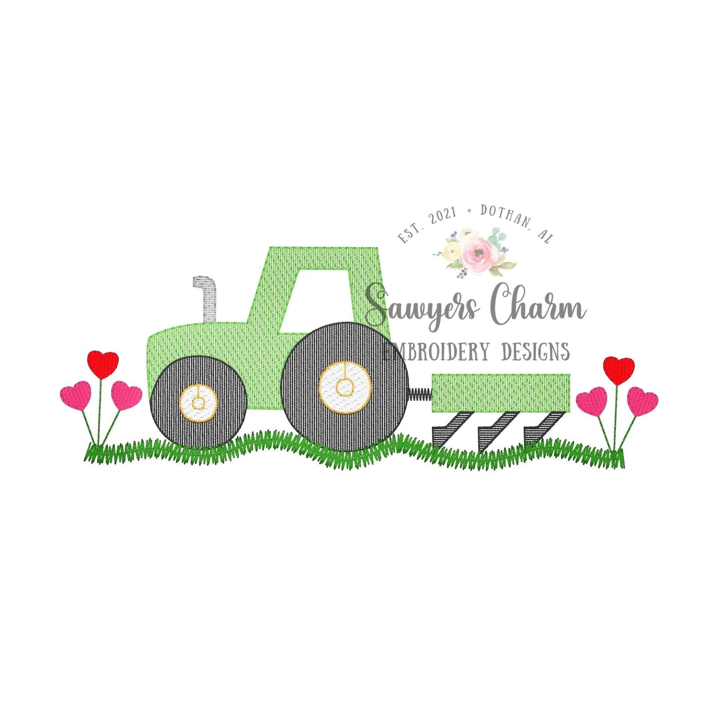 BUNDLE Tractor heart flowers with & without bow sketch stitch machine embroidery design file, bean stitch, farming plow, love XOXO be mine