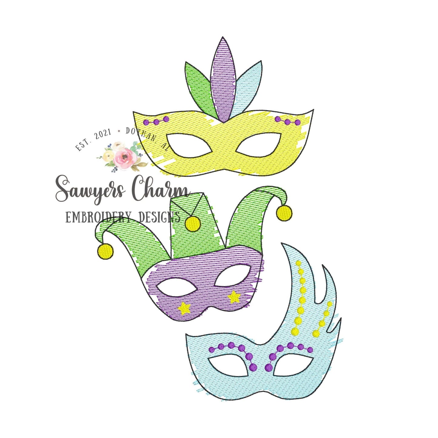 Mardi Gras masks trio "watercolor" sketch stitch machine embroidery design file, quick stitch, bean stitch, jester, beads, good times roll