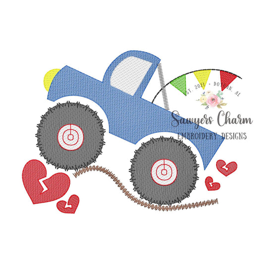 Monster truck with flags & hearts sketch stitch, machine embroidery design file, bean stitch, mudding, dirt, rally, Valentine's Day, be mine