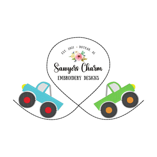 BUNDLE Monogram frame Monster truck duo sketch stitch, machine embroidery design file, bean stitch, heart, shamrock St. Patrick's Day