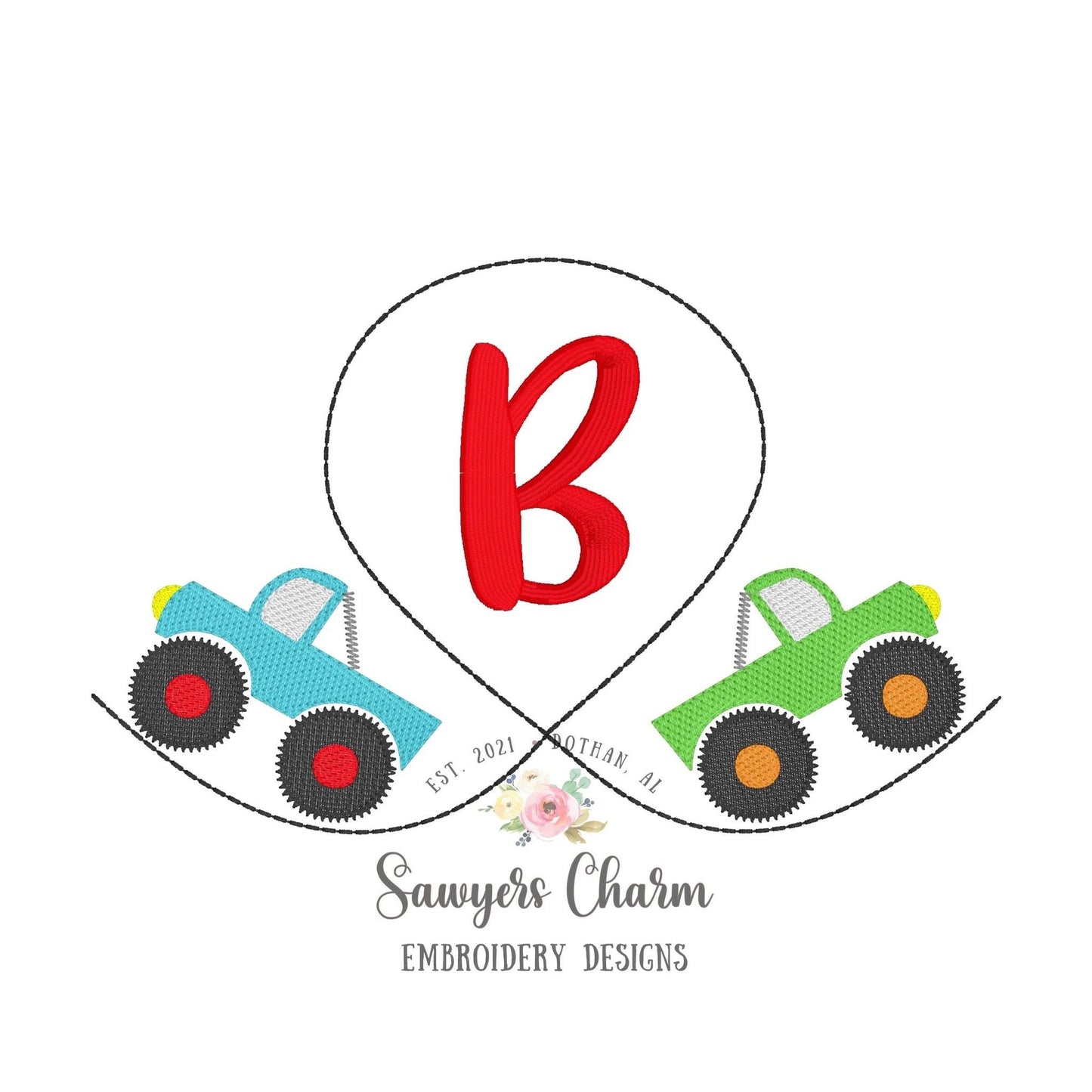 BUNDLE Monogram frame Monster truck duo sketch stitch, machine embroidery design file, bean stitch, heart, shamrock St. Patrick's Day