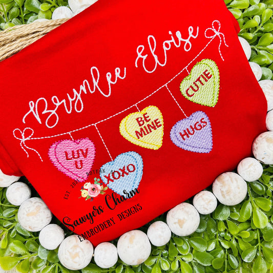 Valentine's Day conversation candy hearts bunting banner sketch stitch machine embroidery design file, quick stitch, bean stitch, love