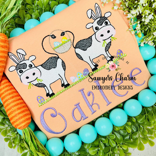 Easter bunny Cows with eggs & basket sketch stitch machine embroidery design file, quick stitch, bean stitch, love, farm animals, egg hunt