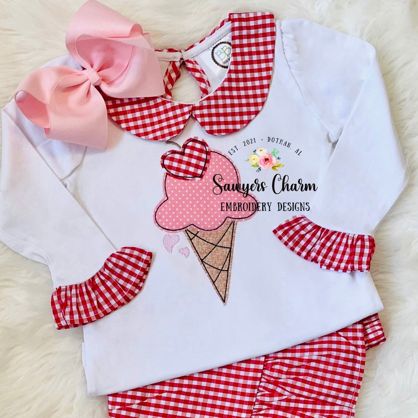BUNDLE Ice cream cone with heart cherry bean & zigzag stitch machine applique embroidery design file, love sprinkles Valentine's Day Be mine
