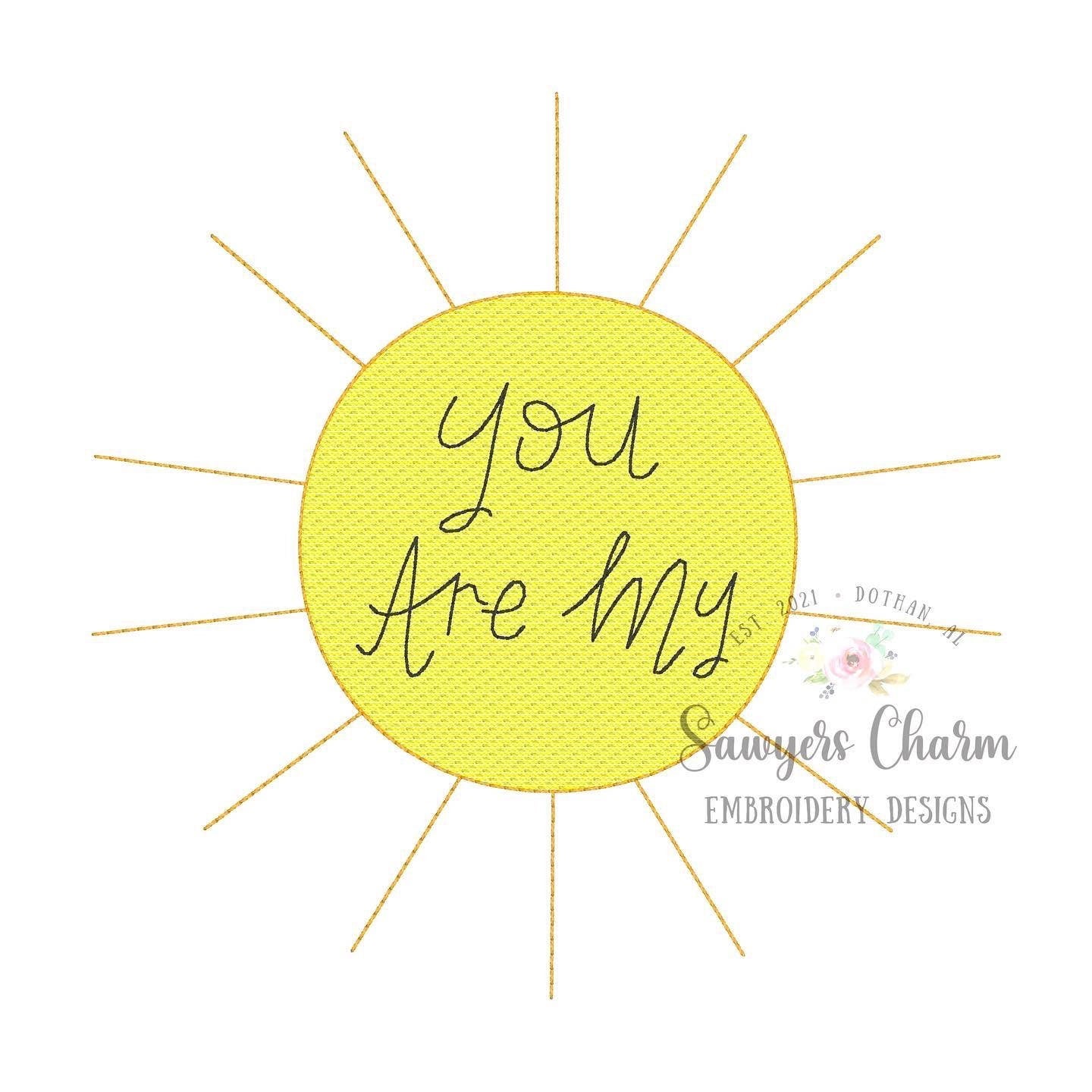 You are my Sunshine sketch stitch with bean stitch details machine embroidery design file, quick stitch, summer, spring, sun beam