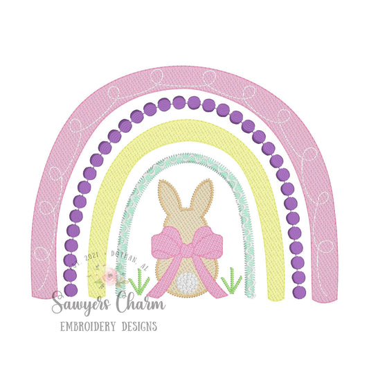 Easter bunny rainbow with bow in grass sketch stitch machine embroidery design file, quick stitch, french knot tail, peter cottontail rabbit