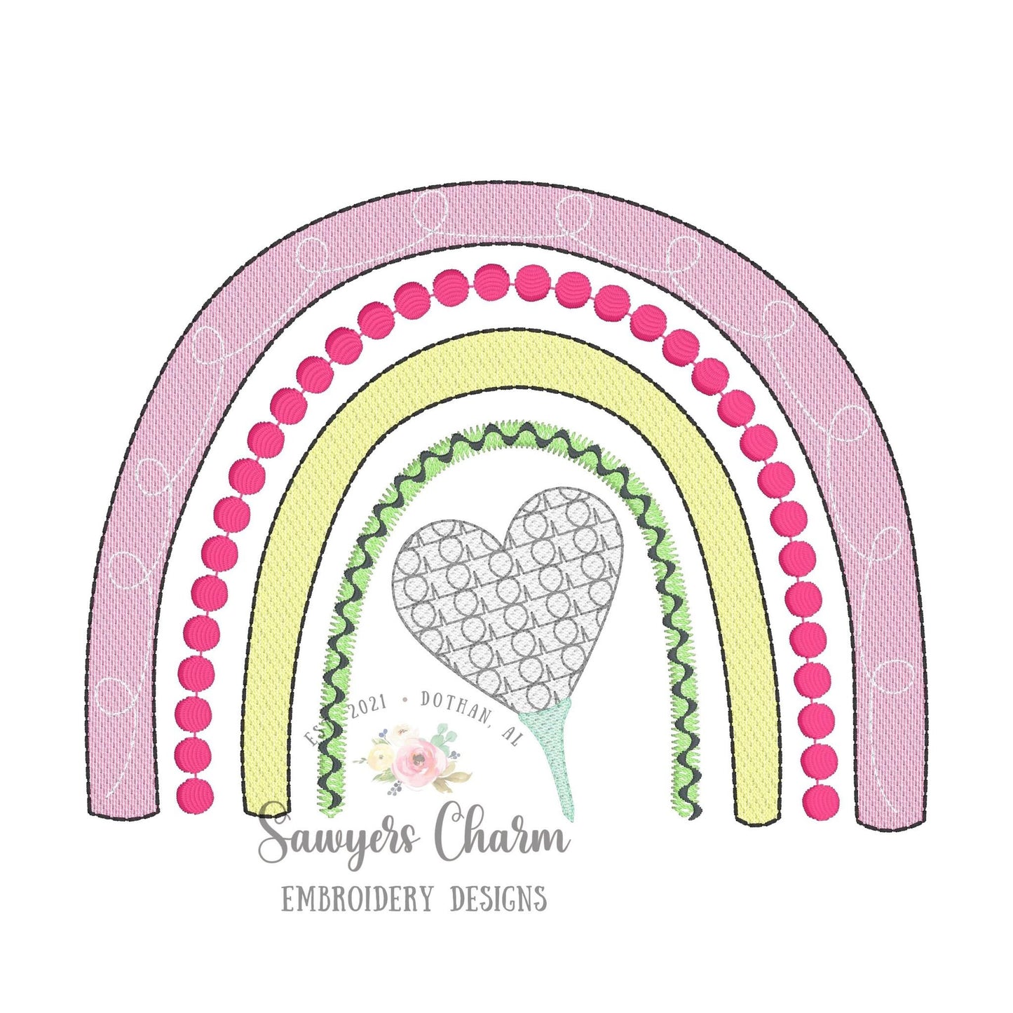 Golf ball rainbow heart shaped balls sketch stitch machine embroidery design file, boho, spring summer, masters, golf club, cart, tee, par