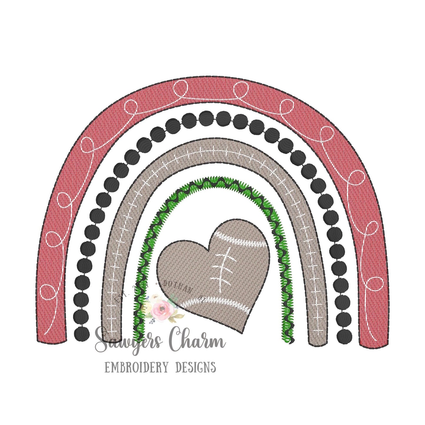 Football rainbow heart shaped ball sketch stitch machine embroidery design file, boho, fall, summer, football goal touchdown, bean stitch