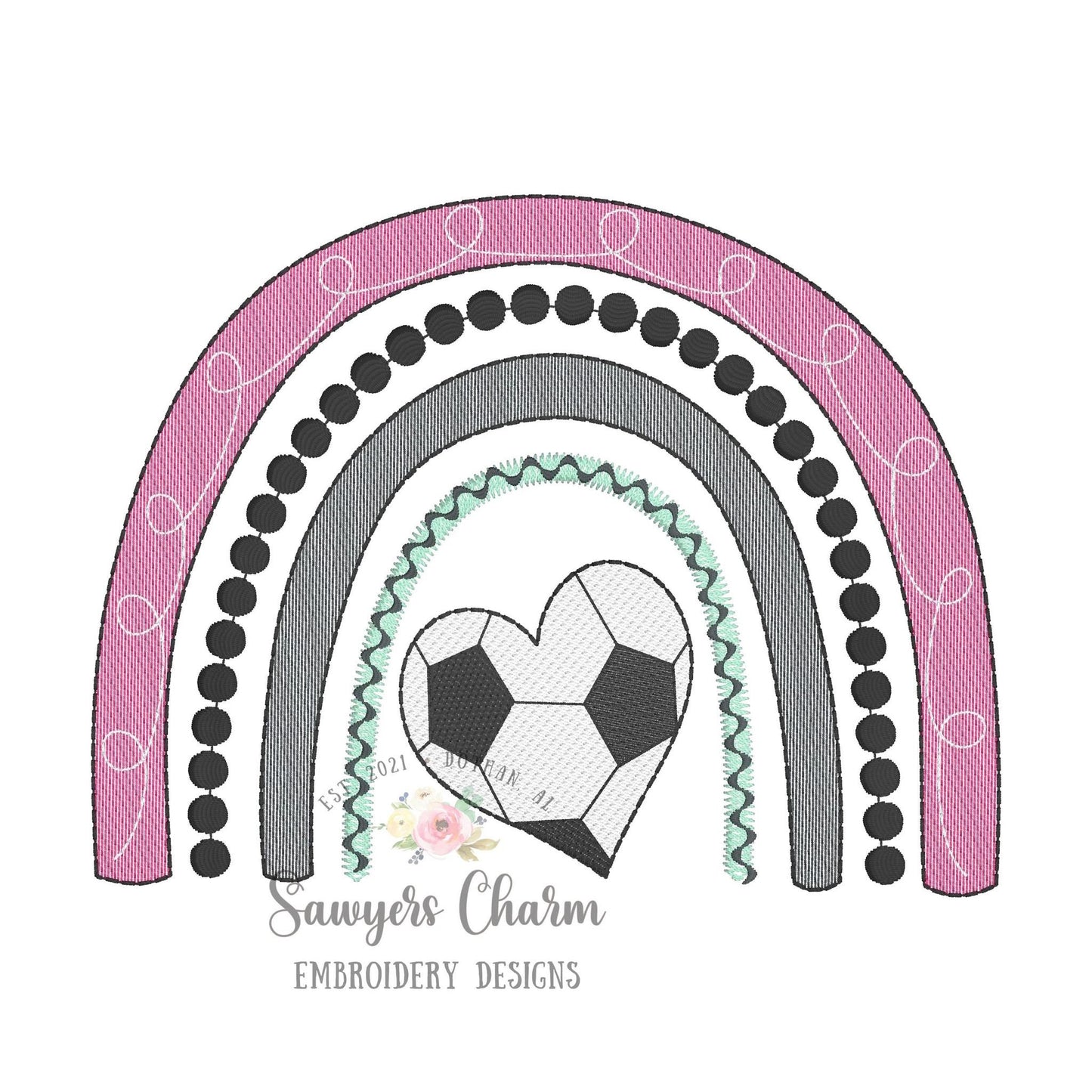 Soccer rainbow heart shaped ball sketch stitch machine embroidery design file, boho, spring, summer, goalie, bean stitch, little league