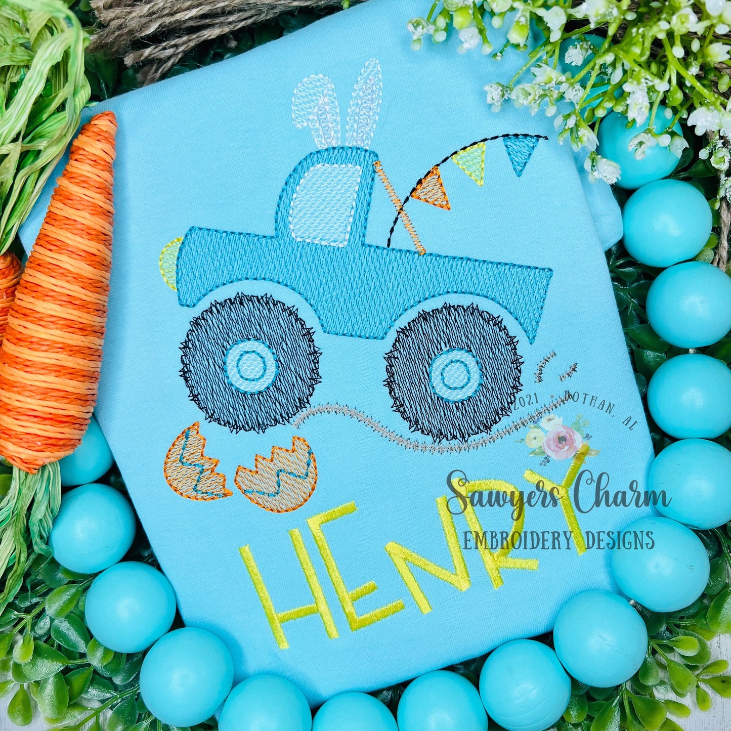 Monster truck with flags & bunny ears and eggs sketch stitch, machine embroidery design file, bean stitch, mudding, dirt, rally, Easter egg