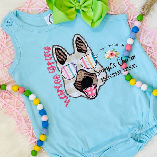 German Shepherd with aviator sunglasses zig zag/bean stitch machine applique embroidery design file, quick stitch, summer, shades, dog