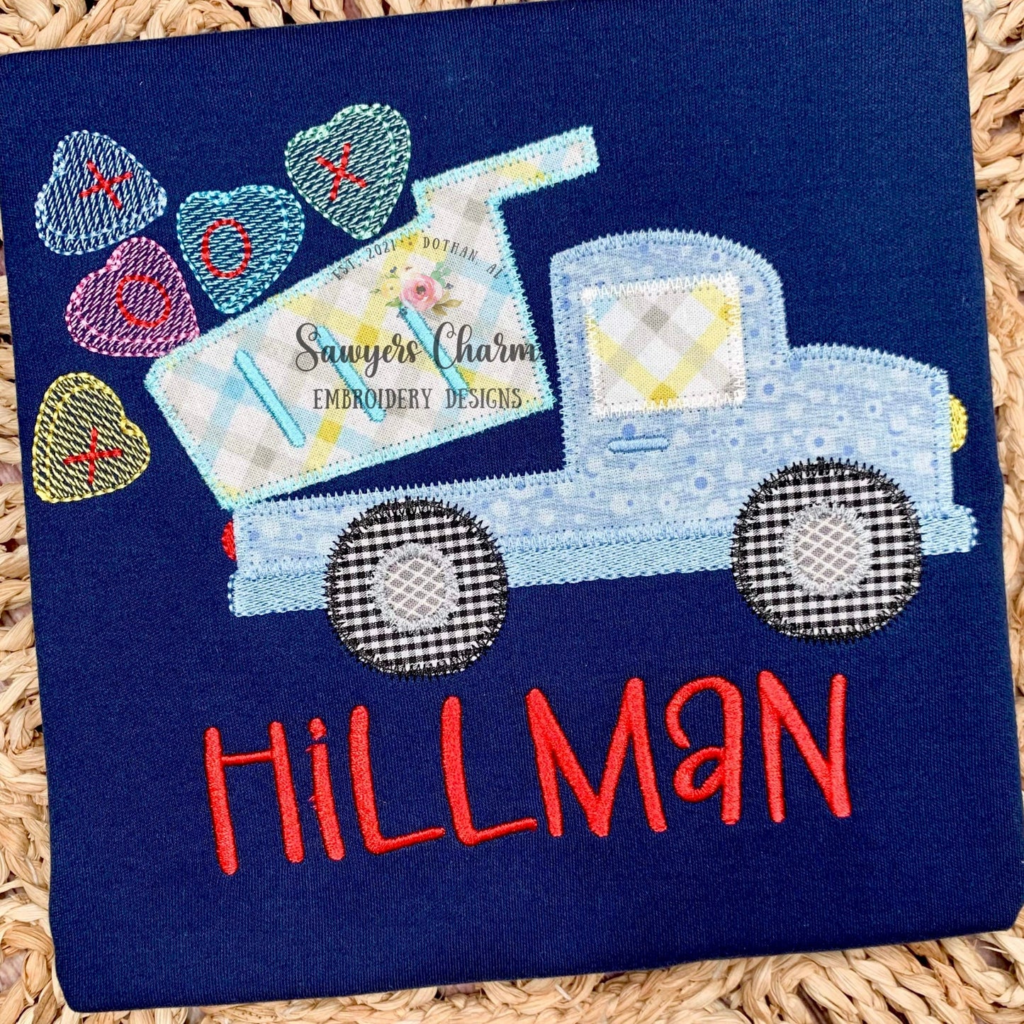 Conversation candy hearts dump truck zigzag stitch machine applique embroidery design file, Valentine's Day, love, transportation vehicle